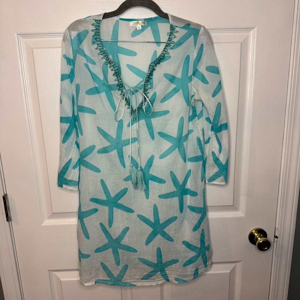 Debbie Katz South Beach Turquoise Starfish Swim Coverup 100% Cotton Size Medium